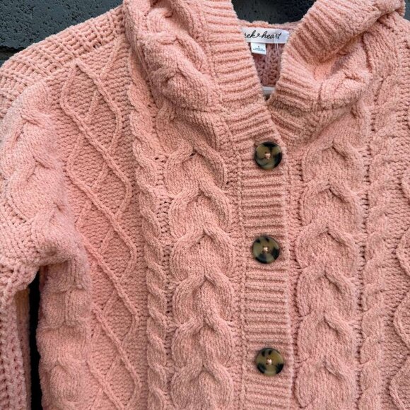 Derek Heart Chunky Chenille Cable Knit Cardigan Sweater Hooded S Coral Button Up - Picture 4 of 15